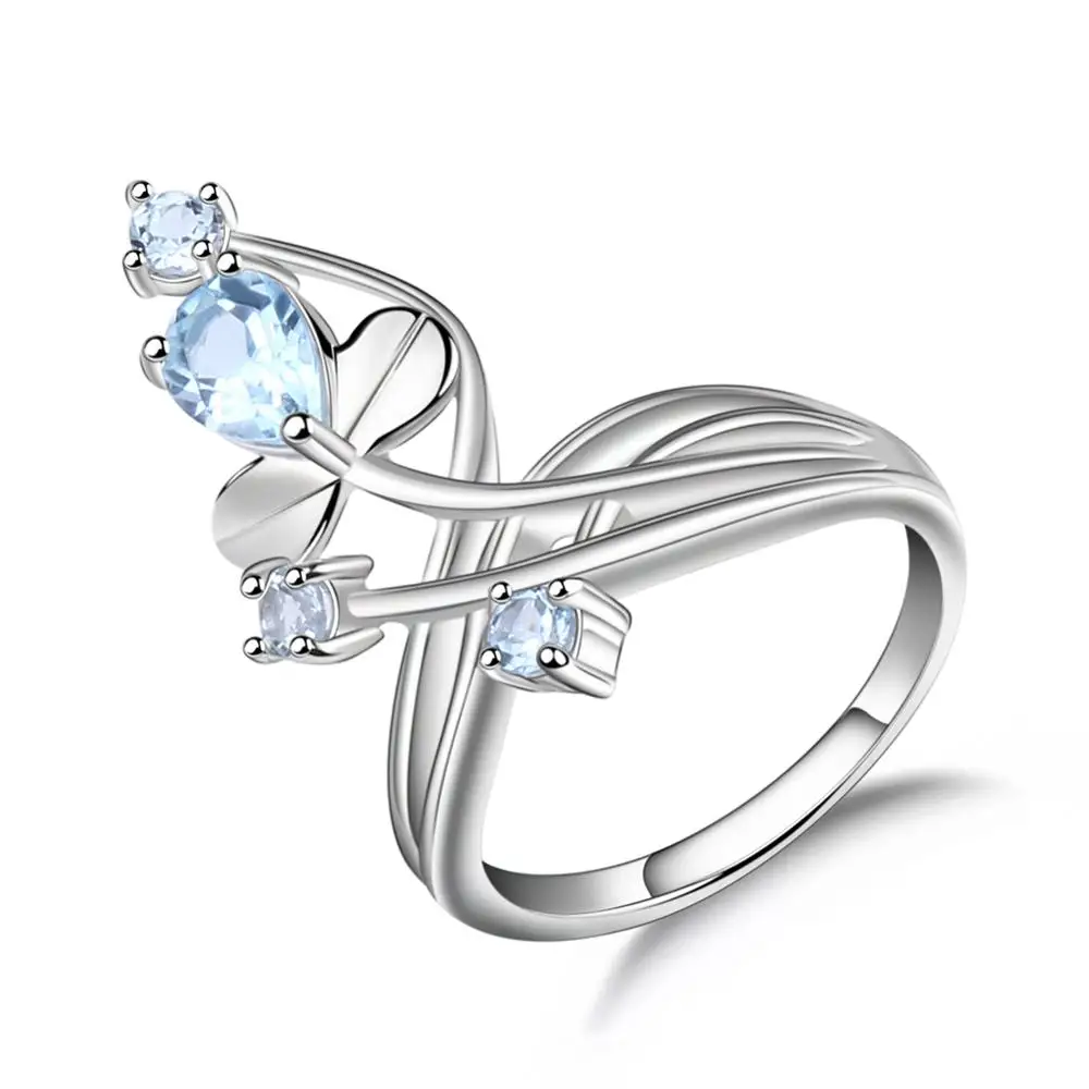 Gem's Ballet, 0.97Ct, натуральный зеленый агат, натуральный камень, кольцо, твердый 925 пробы, Серебряный цветок, кольцо для женщин, свадебное ювелирное изделие - Цвет камня: Sky Blue Topaz