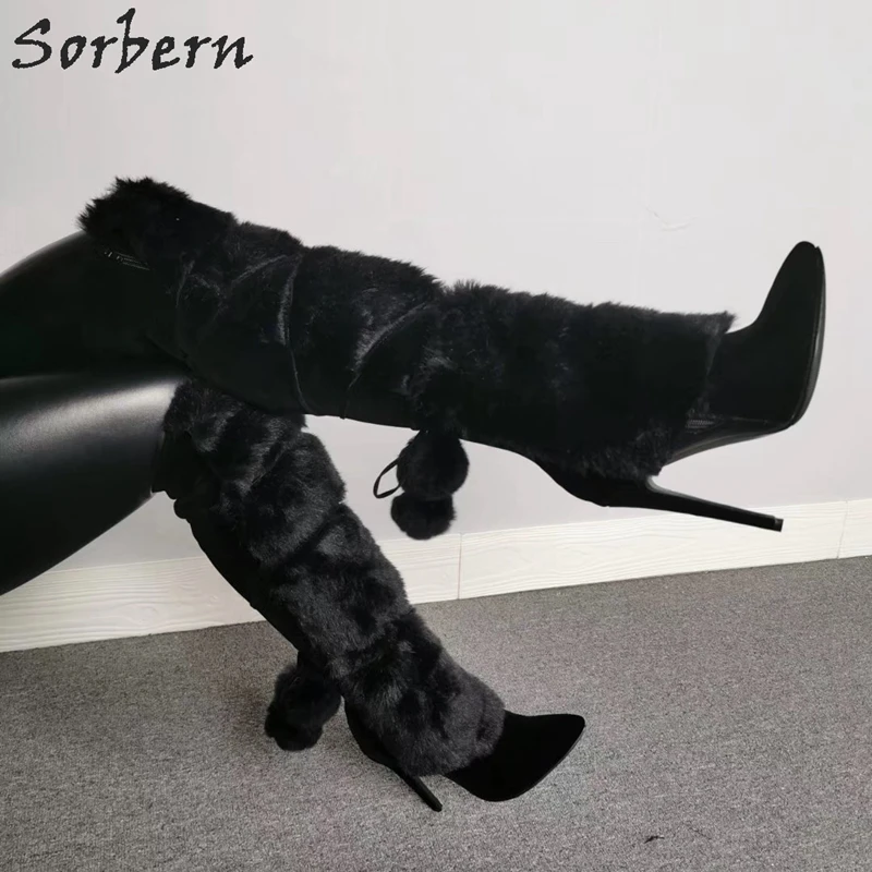 Sorbern/черные сапоги до колена на меху; женские сапоги на высоком каблуке-шпильке с пушистыми шариками; зимние высокие сапоги с острым носком; женские высокие сапоги