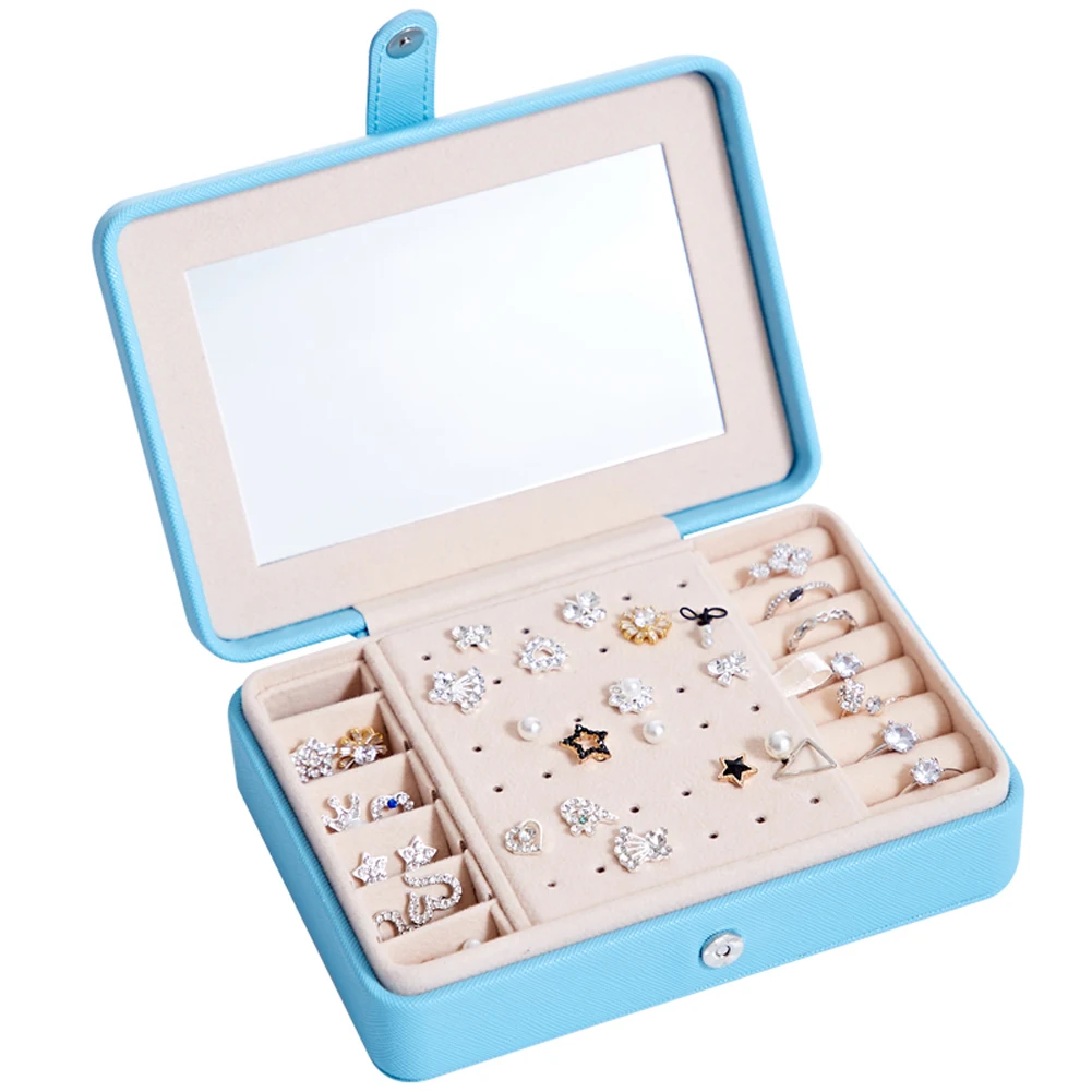 Portable Snap Button 2 Style Mirror&Hook Up Jewelry Organization Box Velvet Ring Box Tray Storage Rings Display Case Storage Box