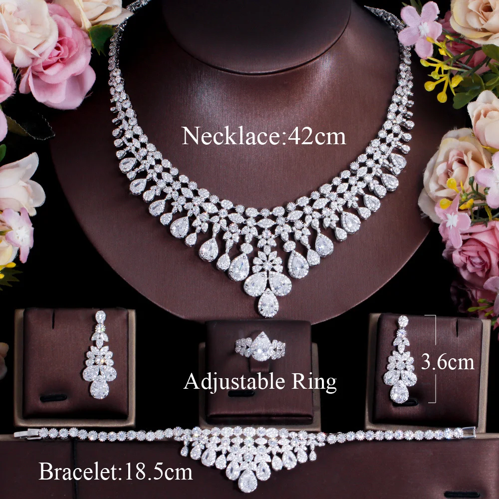 CWWZircons Super Luxury Tassel Water Drop CZ Big Wedding Bridal Necklace Earring 4 pcs Nigerian Dubai Jewelry Set for Women T596