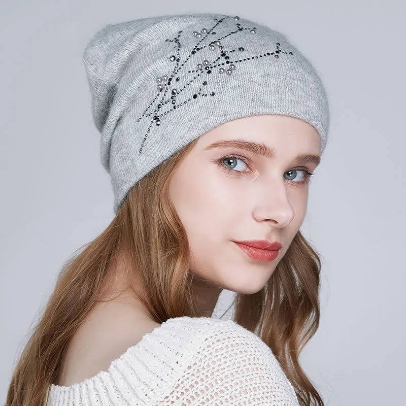 light gray Стразы, вязаные шапки для женщин, зимние теплые шапки из Ангорского Кролика, женские повседневные кепки, капоры Gorro - Цвет: light gray