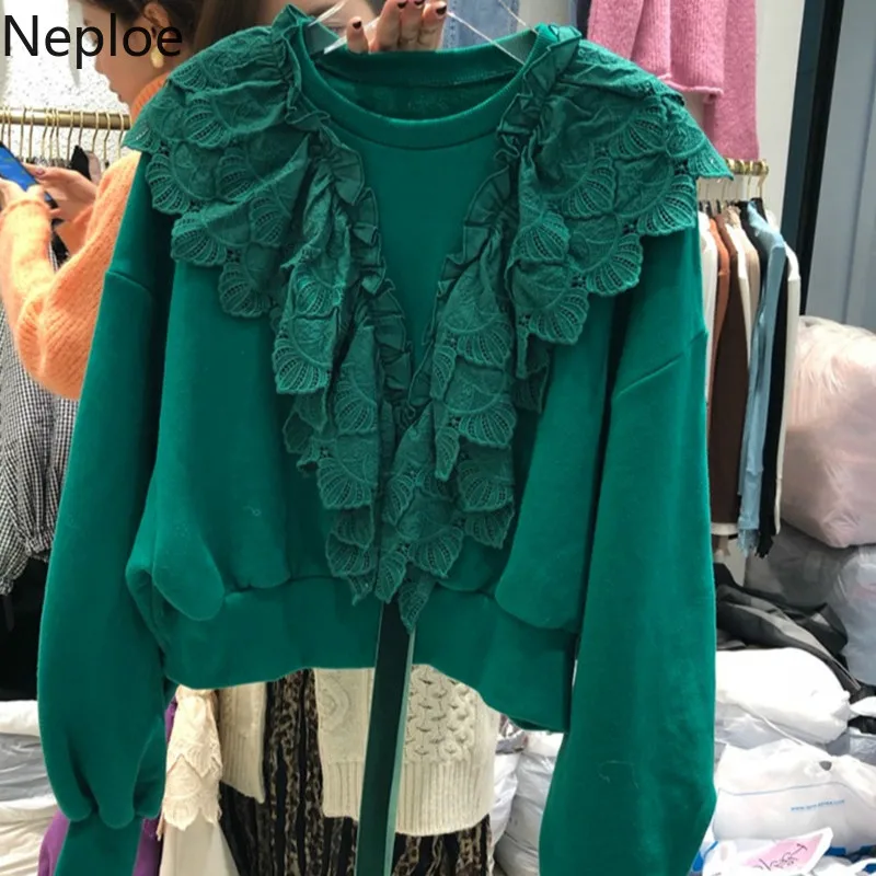 Neploe короткие толстовки с круглым вырезом и длинным рукавом Элегантная кружевная