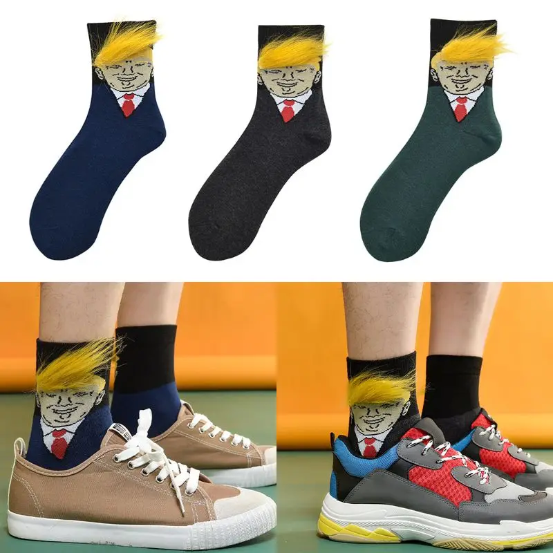 Men Women Funny American President Portraits Crew Socks with 3D Realistic Yellow Hair Novelty Cotton Tube Hosiery Crazy Gag Gift