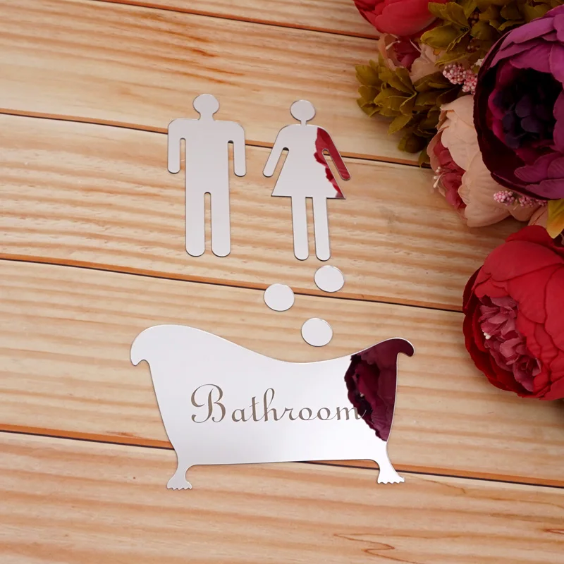 1 Set Bathroom, Men, Women Entrance Sign Acrylic Mirror Surface Door 3d Mirror Surface Wall Sticker Home Decoration