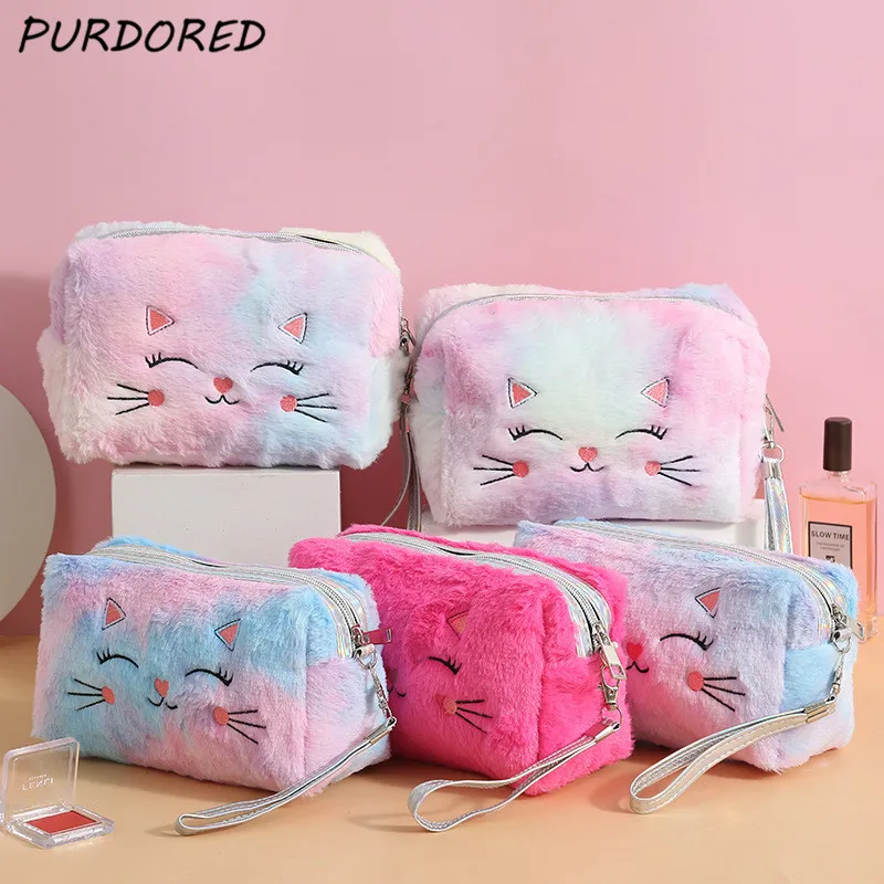 Косметичка PURDORED для женщин плюшевая сумочка косметики с котом девушек женский