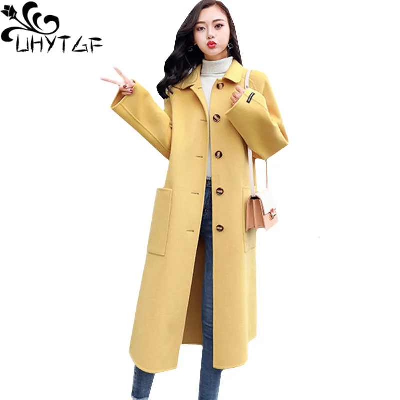 

UHYTGF Long coat women new long-sleeved autumn woolen coat loose plus size jacket single-breasted elegant female woolen coat 254