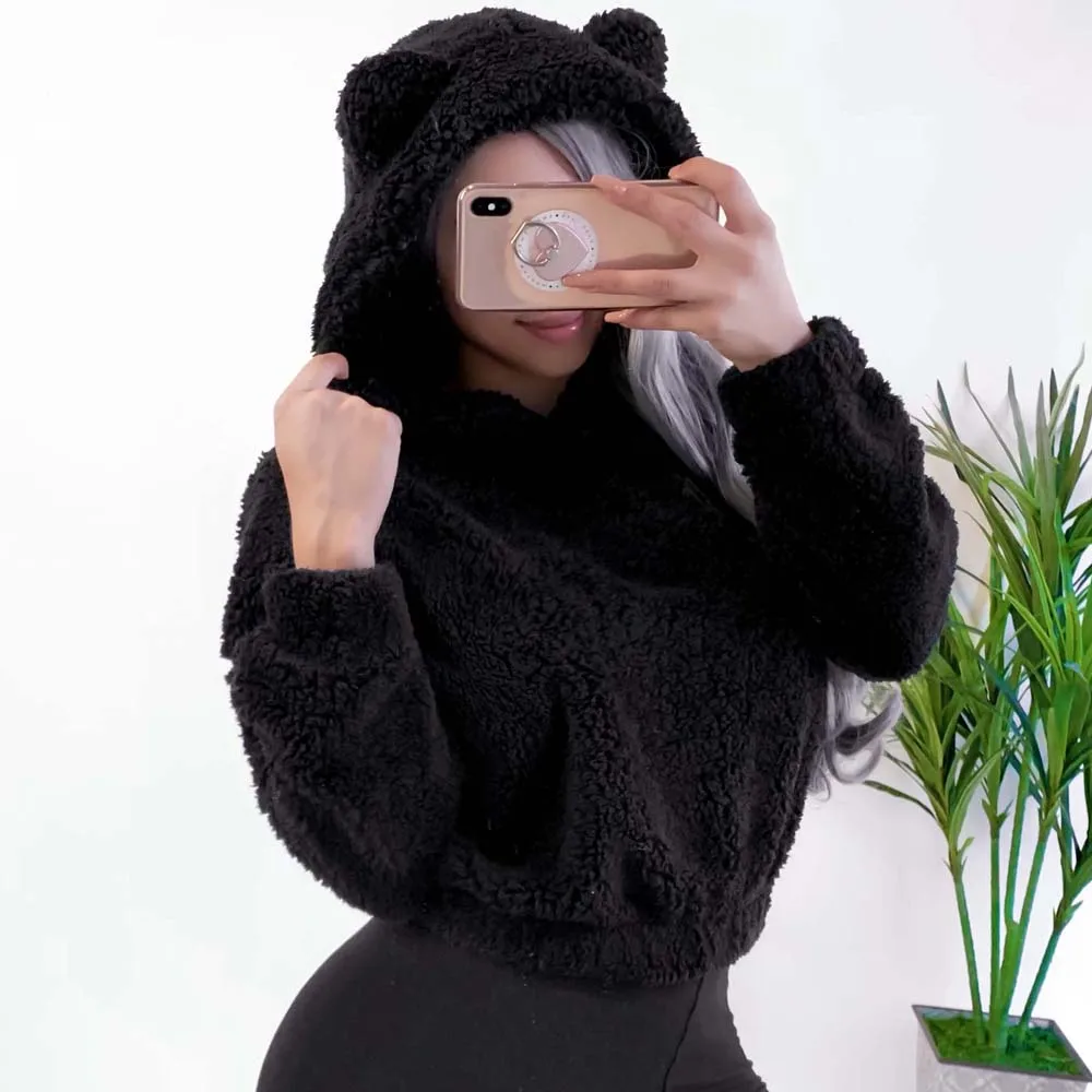 Cat Black Женская толстовка кавайный флис мех длинный рукав с капюшоном Осень Зима мишка уши мягкий пуловер толстовка с капюшоном XL - Цвет: Cat Black