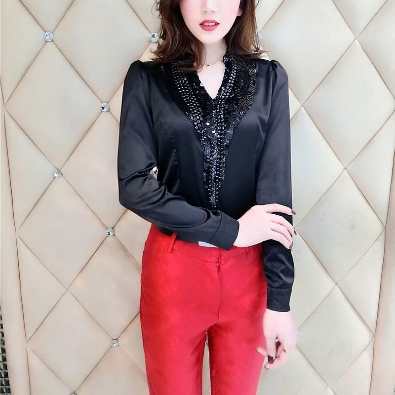 2020 Summer Woman Blouse Fashion Korean OL V Neck Shirt Bling Sequins Womens Slim Fit Long Sleeve Feminine | Женская одежда