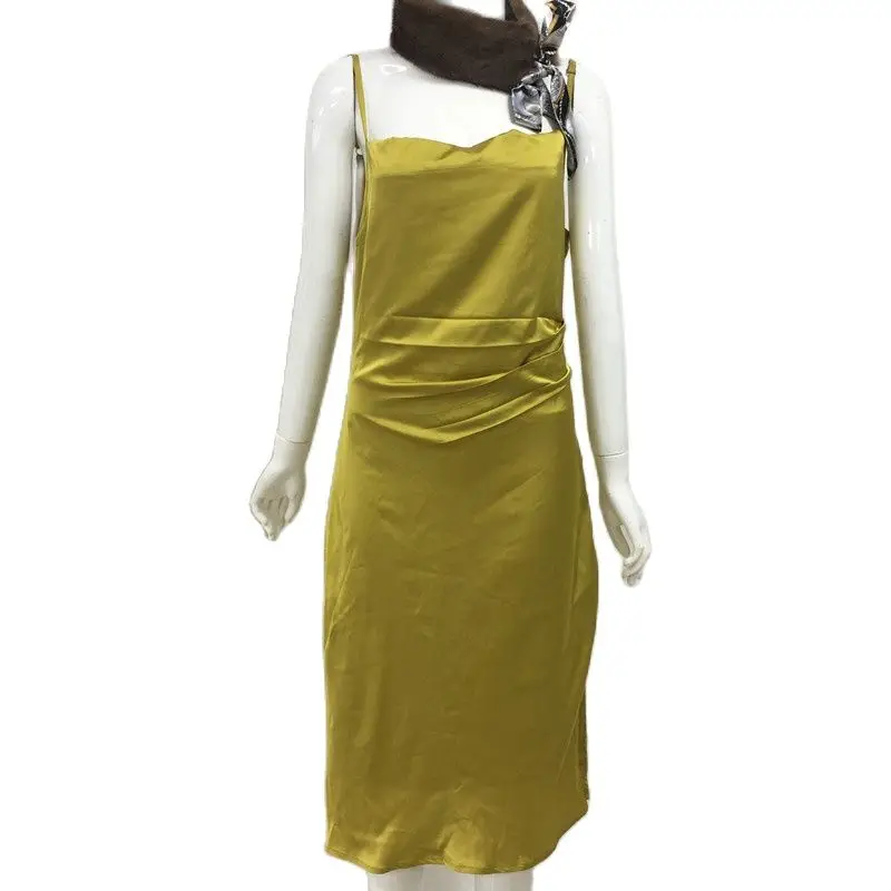 2019 Сексуальное желтое модное женское платье-трапеция с поясом без рукавов |