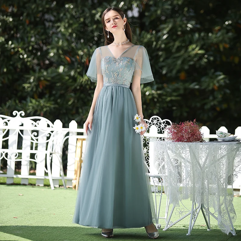 Длинное зеленое платье подружки невесты элегантное из тюля размера плюс