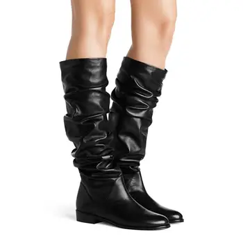 

New Black Leather Pleated Flat Long Boots Women Fashion Round Toe Casual Over the Knee Boots Lady Large Size Winter Boots