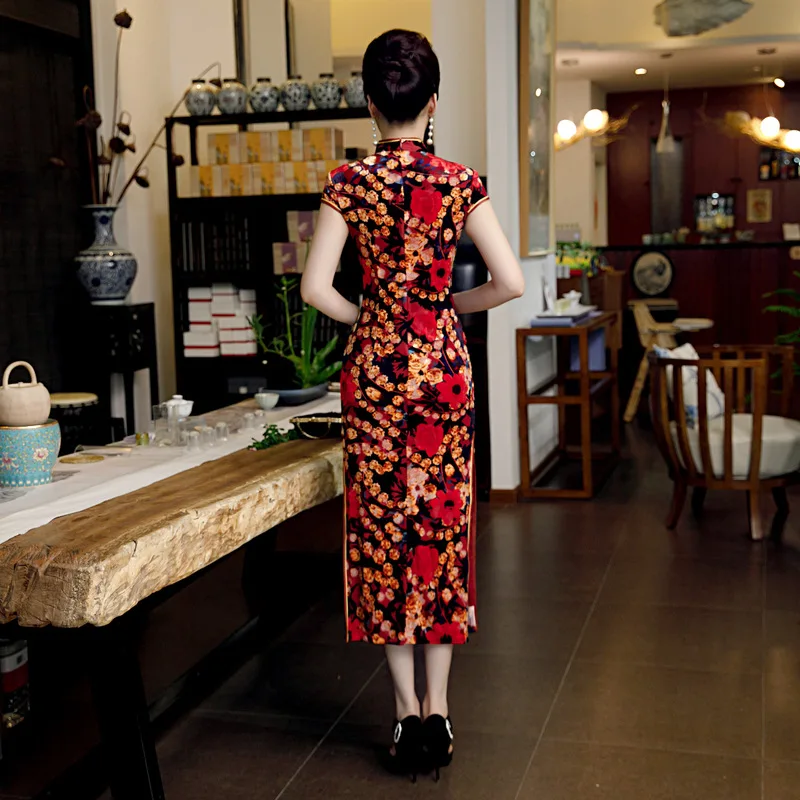 Пуговица ручной работы Qipao осень зима велюр Винтаж китайский воротник Qipao длинные Чонсам Размер L-5XL
