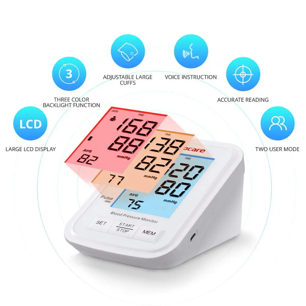 Blood Pressure Monitor Blood Pressure Meter Sinocare Arm Automatic BP Sphygmomanometer with 3-Color LCD Display Intelligent Tonometer