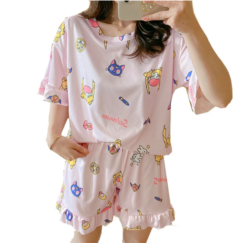 綿かわいいセーラームーンプリント女性 2 個パジャマセット夏半袖フリルサイドパジャマのスパースターmujer女性nightsuit パジャマセット Aliexpress