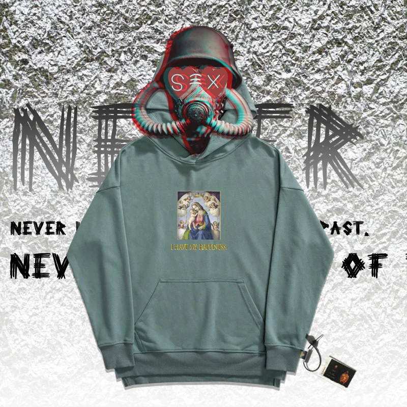 Sudaderas hombre, толстовка с капюшоном, Классическая, с рисунком Рафаэля, маслом, для девственницы и ребенка, толстовки с принтом «I HAVE MY HAPPINESS» - Цвет: blue-green