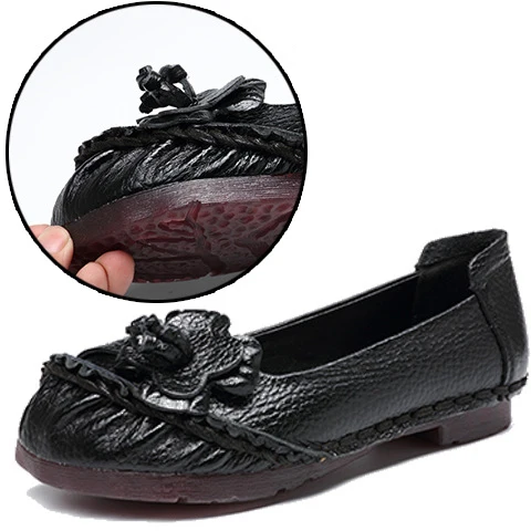 Black Ethinc/женские лоферы из натуральной кожи в стиле ретро; мягкая повседневная женская обувь на плоской подошве с круглым носком без застежки с цветочным принтом; zapatos Mujer на платформе - Цвет: Black