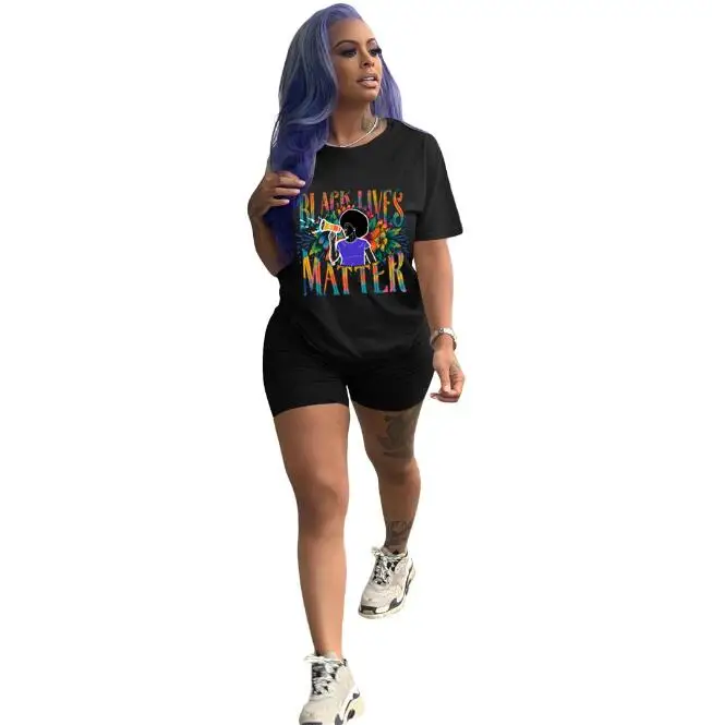

Set women summer clothes short T-shirt popular slogan letters and cycling short casual street parade plus size two-piece outfit