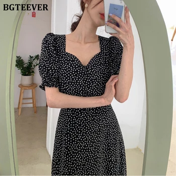 

BGTEEVER Vintage Puff-sleeve Floral Print Women Dress Summer V-neck Slim Waist A-line Female Dress 2020 Black Vestidos femme