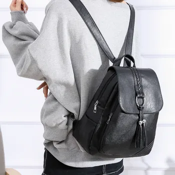 

bookbag Black bag 2019 new net red female shoulder bag fashion tassel PU soft leather large capacity backpack student school bag