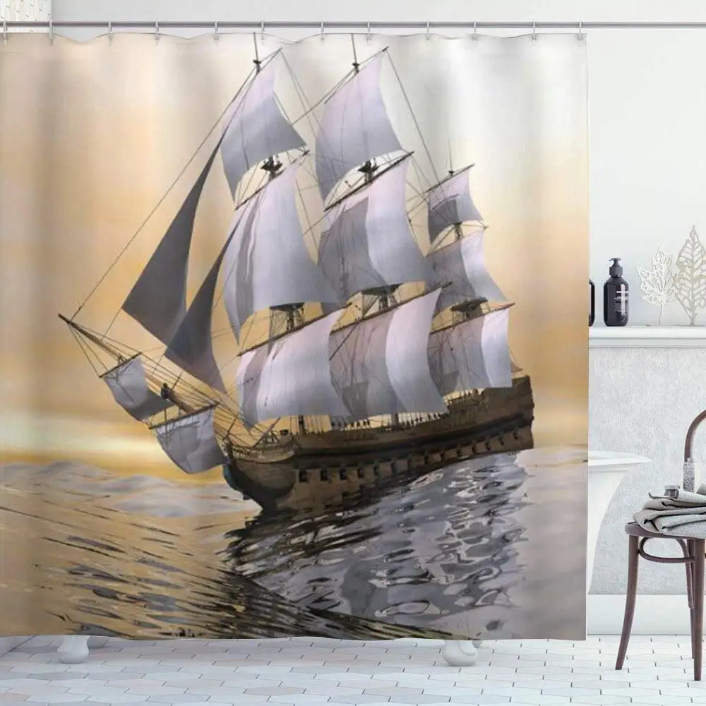 

POJINNLA 54" x 78" Shower Curtain Water Repellant Landscape Art Sailing Old Merchant Ship on Ocean Sailboats Cloudy Sky Over Sea