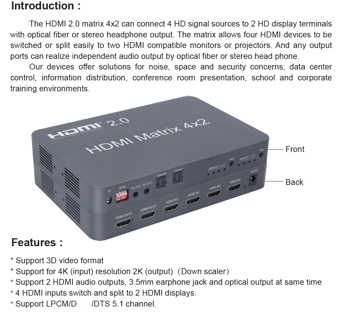 4K HDMI Matrix 4x2 EDID 3840*2160/30Hz поддерживает независимый аудиовыход по оптическому волокну или стерео головному телефону одновременно