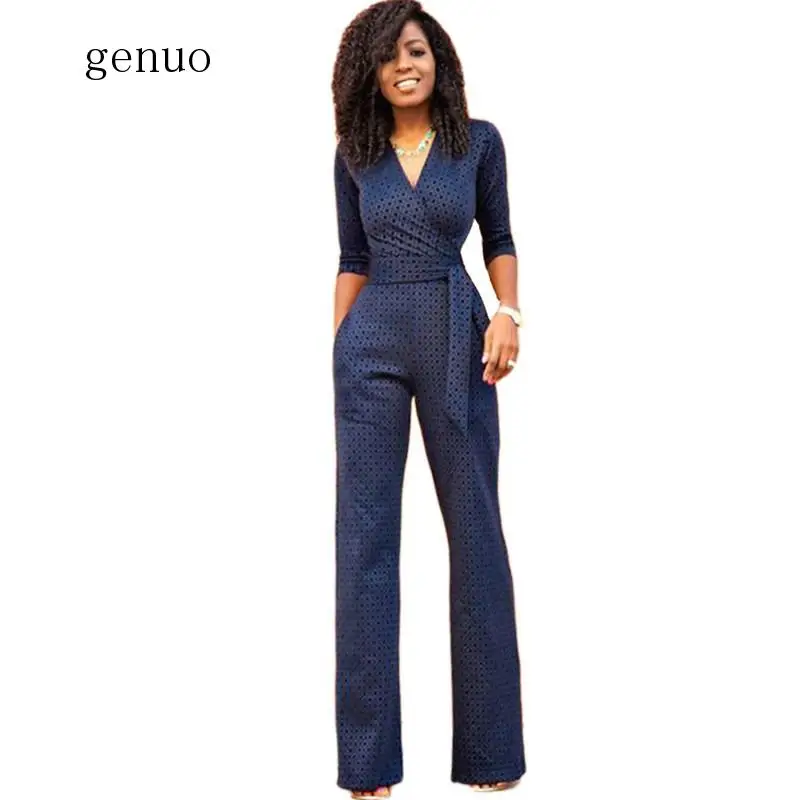 Deep V-neck Elegant Formal Jumpsuits Women Half Sleeve Belted Business Work  Bodysuits Rompers With Straight Wide Leg Pants - Jumpsuits, Playsuits u0026  Bodysuits - AliExpress