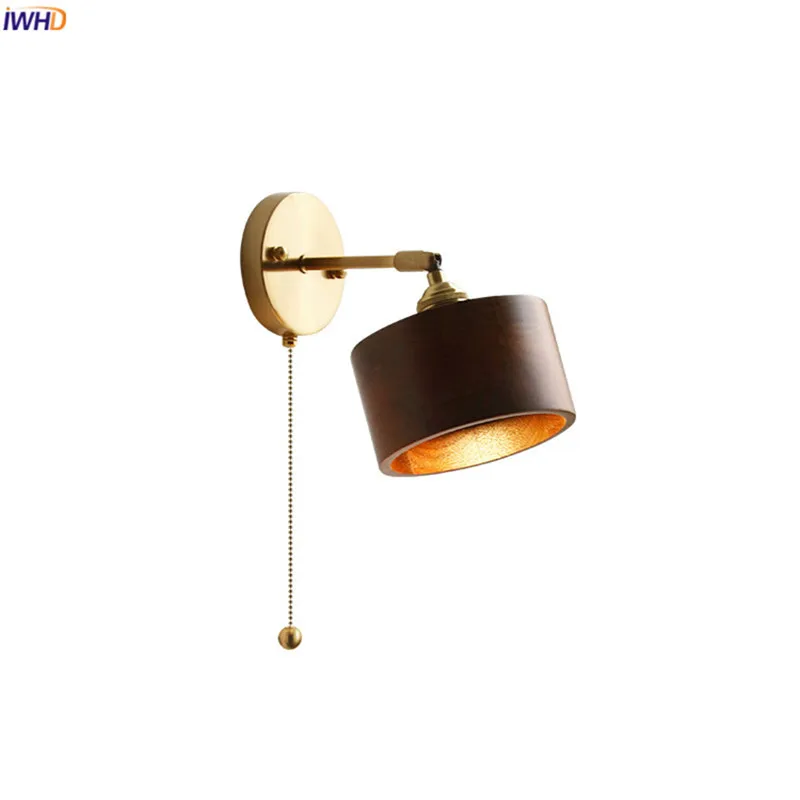 

IWHD Modern Wood Wall Light Fixtures Pull Chain Switch Bedroom Bathroom Mirror Wandlamp Copper LED Wall Sconce Beside Lamp