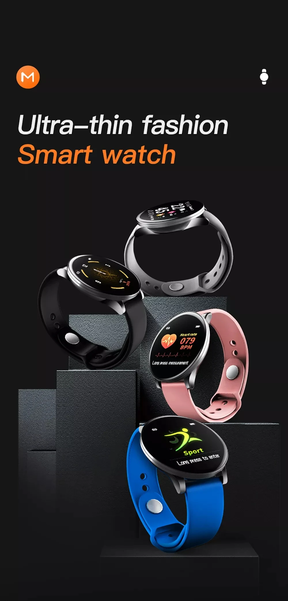 Lerbyee W8 Смарт-часы ультратонкий цветной сенсорный экран Водонепроницаемый Монитор кислорода кровяного давления шагомер спортивный браслет для фитнеса