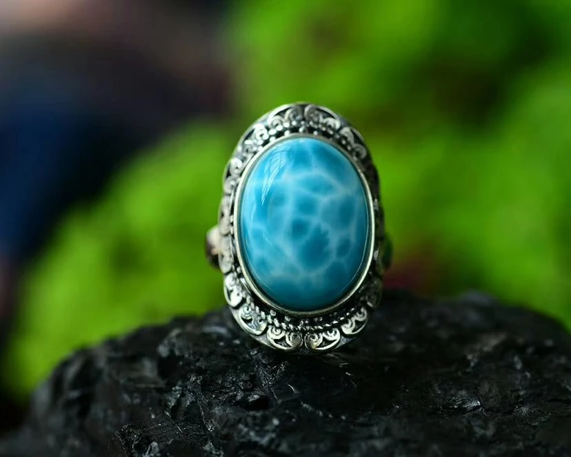 

Natural Blue Larimar Water Pattern Gemstone Ring Cabochon From Dominica 27*15mm Women Man Oval Bead Best Jewelry AAAAA