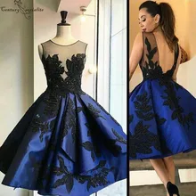 Короткие кружевные платья для возвращения домой без спинки Аппликации o-образным вырезом атласные Выпускные платья коктейльное платье Выпускные недорогие вечерние платья
