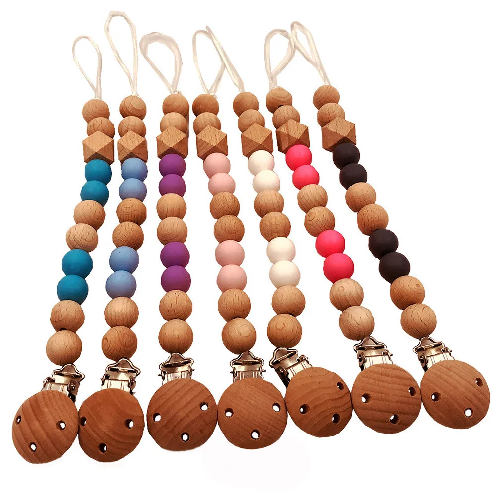 Baby Wood Beaded Pacifier Clip Chain Nipple Holder Infant Soother Teether Pacifiers Wooden Leashes& Cases Anti-Drop Rope