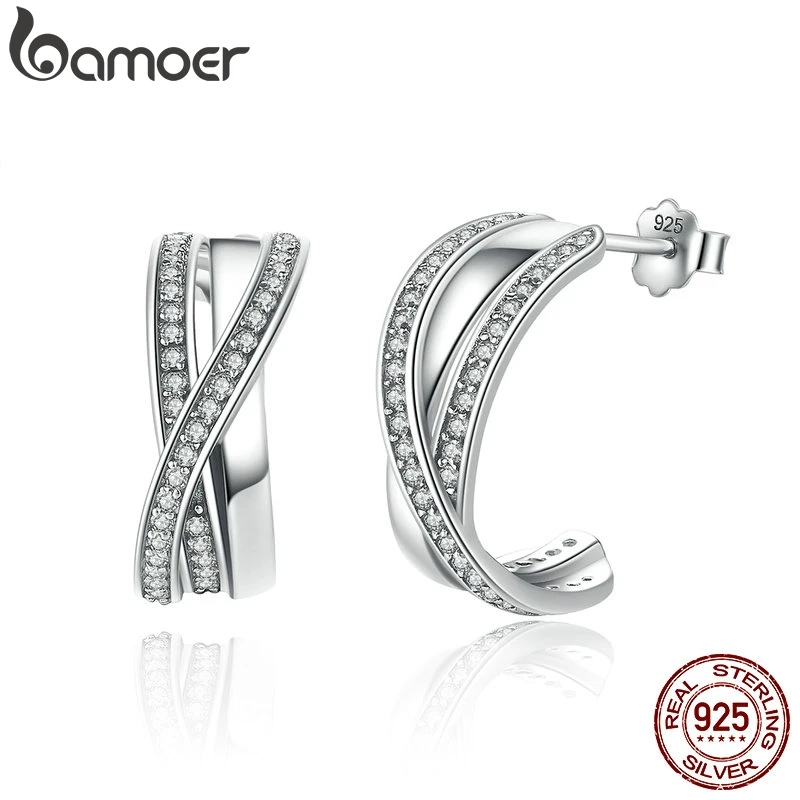 Женские серьги пусеты BAMOER из 100% серебра 925 пробы с прозрачным кубическим