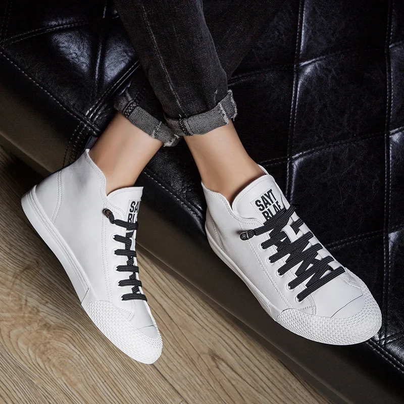 Autumn Winter Men Shoes High-Top Genuine Leather Outdoor Casual Shoes Sneakers Breathable Non-slip Walking Shoes White Simple