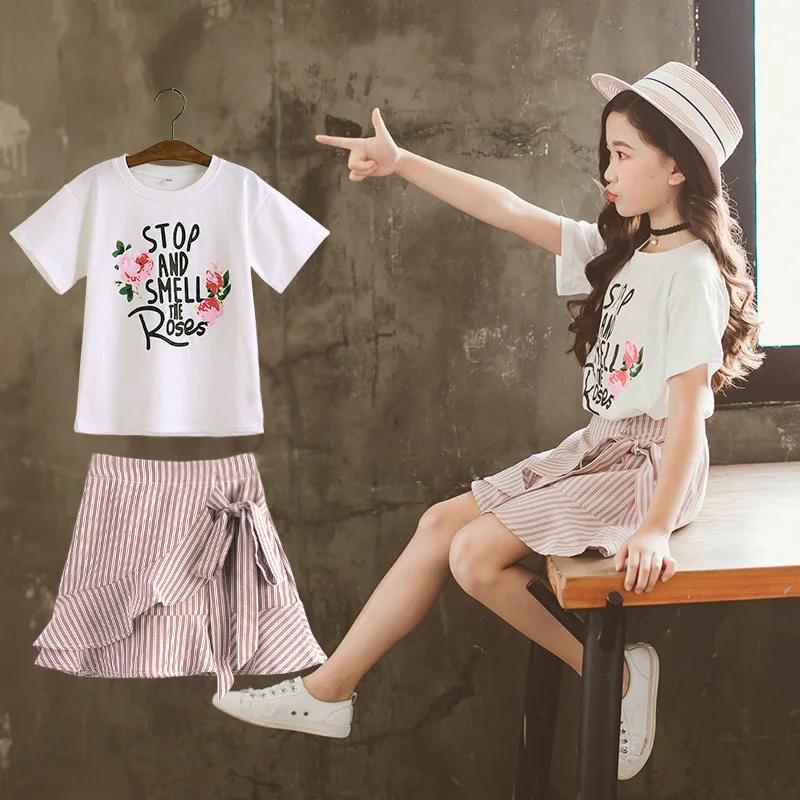 

2020 Summer New Kids Girl Clothes Sets Teenage 5 6 7 8 9 10 12 Year Casual Striped Cotton Tops T-shirt + Skirt Outfits 2pcs Suit