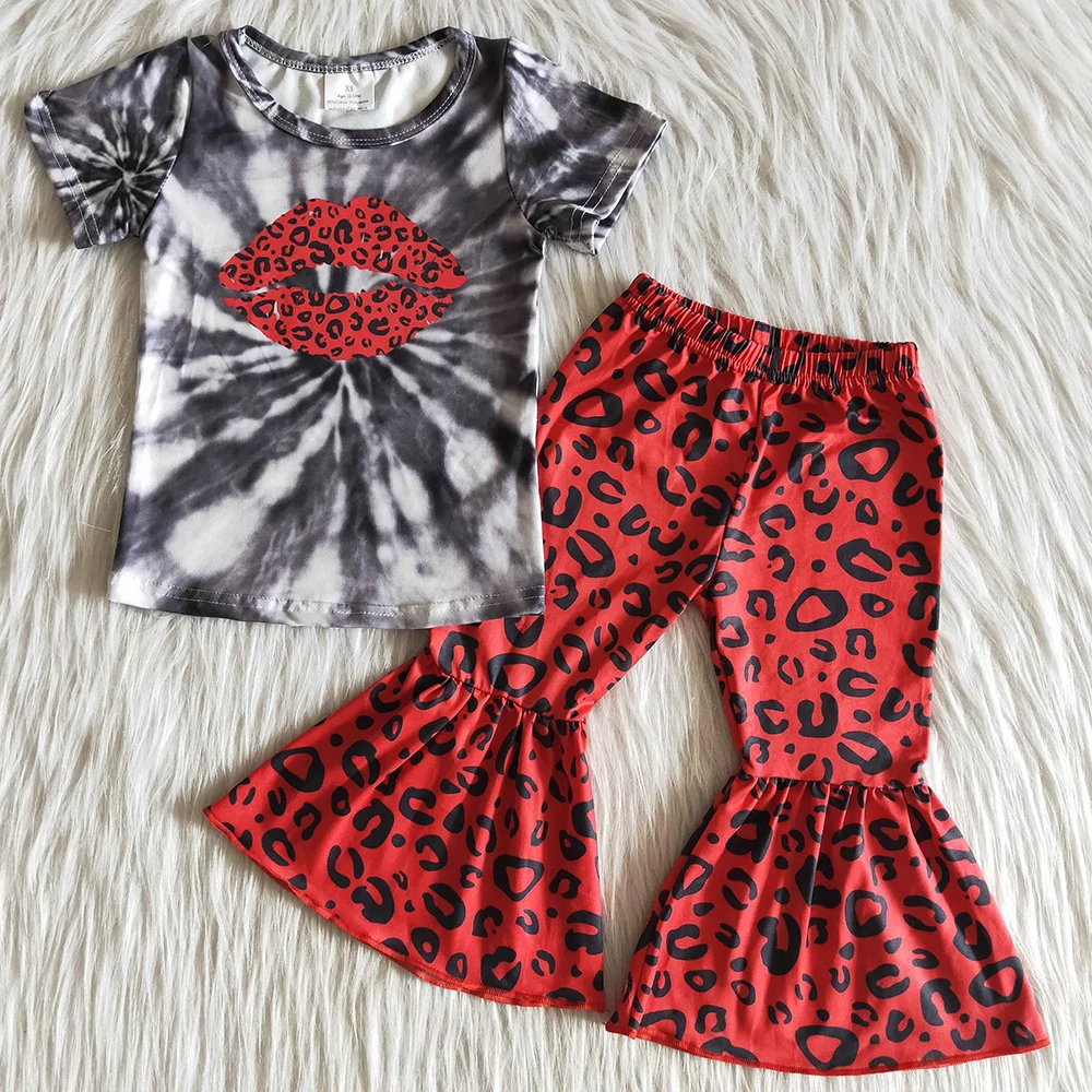 

RTS Baby Girls Clothes Boutique Short Sleeve Tee Shirt Top Love Leopard Bell Bottom Pants Fashion Kids Designer Clothes Girl Set