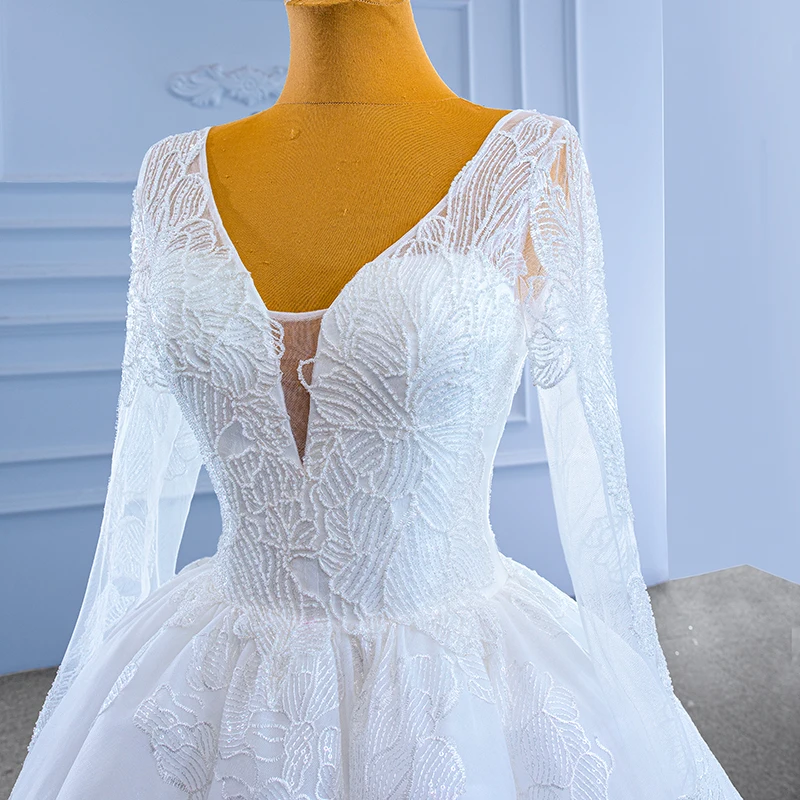 RSM67364 Sexy Lace Applique Blackless Wedding Dress V Neck Long Sleeve Luxury White Wedding Dress 2022 Vestido De Noiva Simples 5