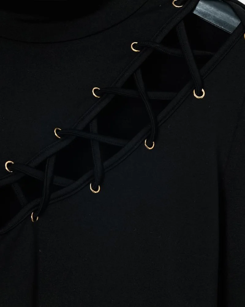 Women's Lace-Up Eyelet Hollow Out T-Shirt Ladies Long Sleeve Slim Fit T-Shirts