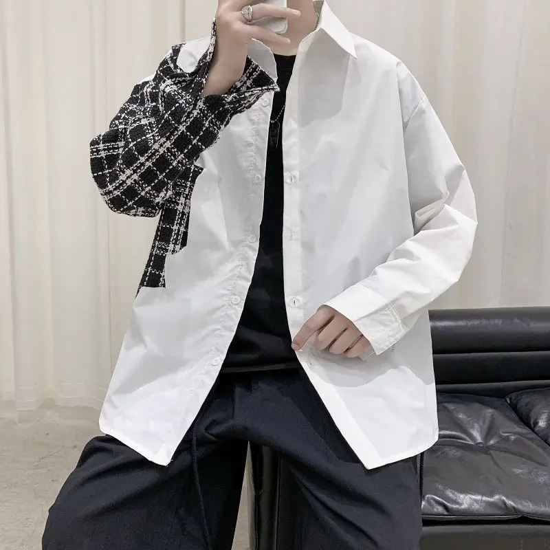 

Autumn Korean Shirt Men's Fashion Retro Plaid Stitching Casual Shirt Men Streetwear Loose Long-sleeved Shirts Mens Dress Shirt