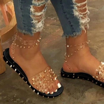 

2020 Women Flat Sandals Summer Open Tea Rivet Sandals Open Tea Comfortable Casual Shoes Ladies Sandals Plus Size 35-43