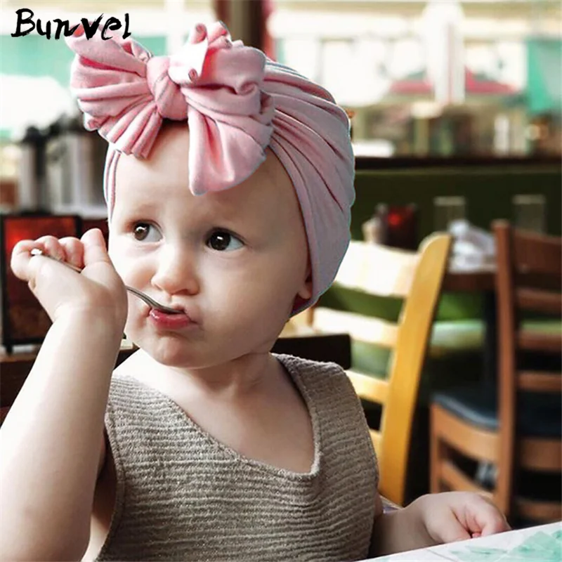 Bunvel/зимняя теплая детская шапка для младенцев, новорожденных девочек и мальчиков, с бантиком, весна-осень, детская теплая одноцветная шапка ff
