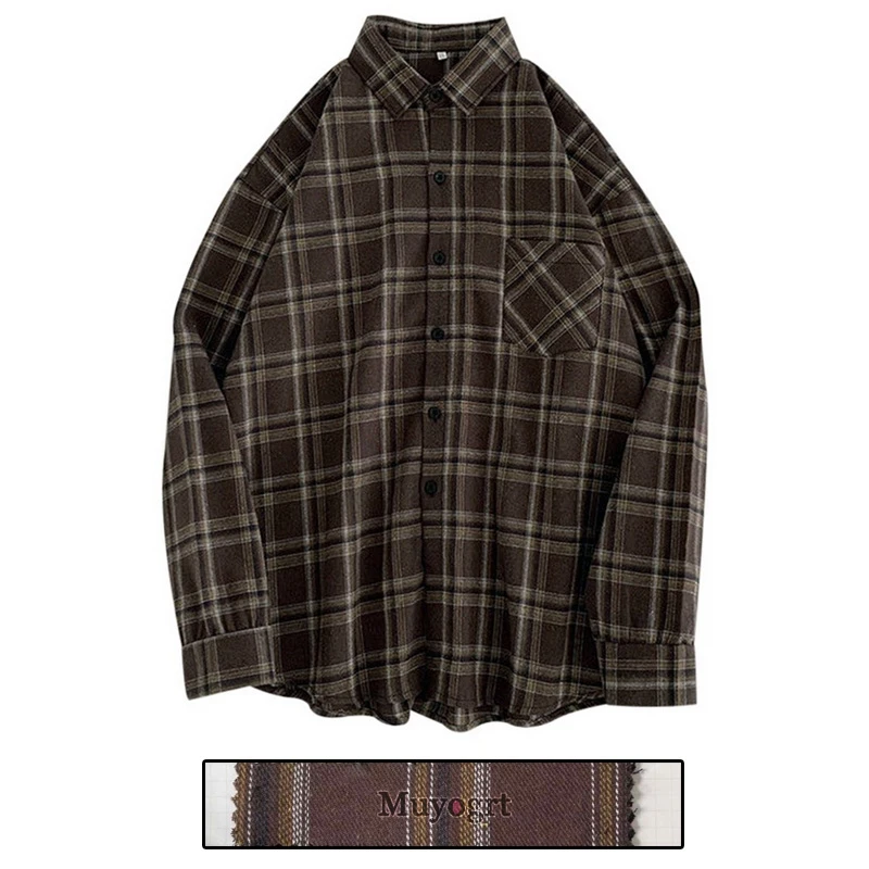 Muyogrt Women Shirt Plaid Oversized Brown Top Turn-down Collar Leisure Fashion Loose All-match Long Sleeves Soft Chic Korean Top