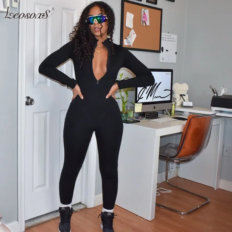 2020 New for Autumn and Winter Fashion Collar Sexy Tight High Waist Movement Jumpsuits Long Sleeves Solid Color Jumpsuit