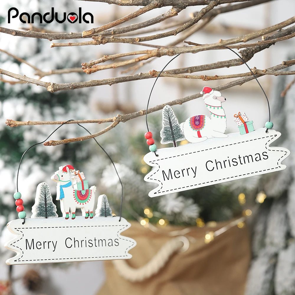 

Merry Christmas Hanging Ornament With Alpaca Wood Plate Decorative Sign Door Pendant Christmas Tree Decorations Kerst Decoratie