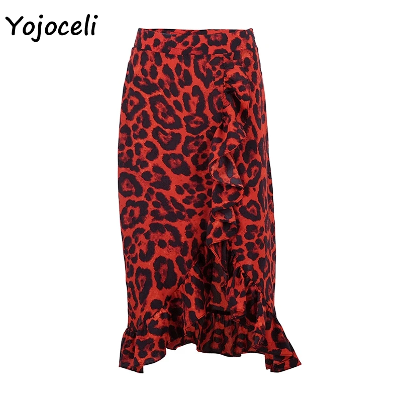 Красный Yojoceli, французский стиль, леопардовая юбка, Женская плиссированная юбка миди, нижняя уличная красная юбка с принтом - Цвет: Красный