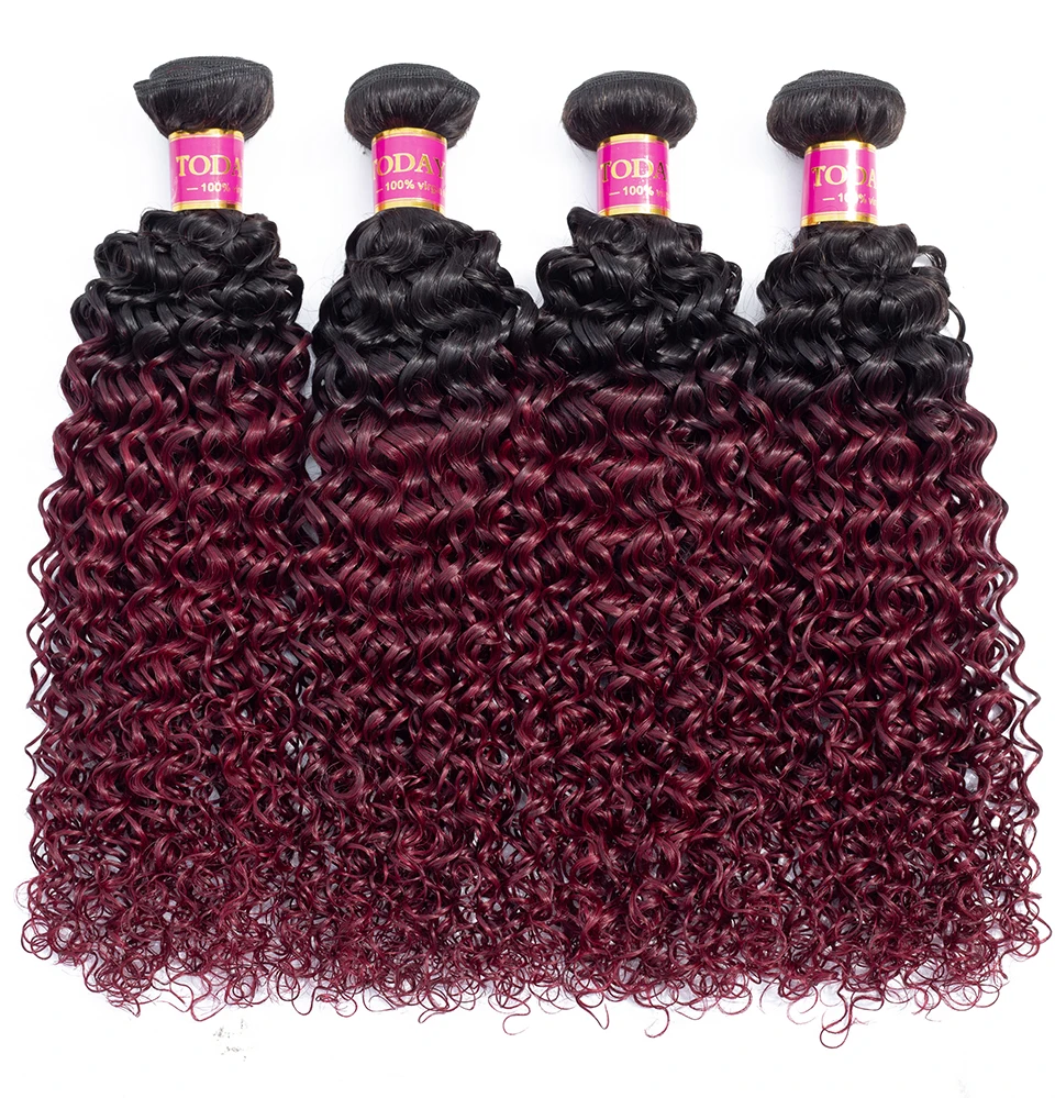 Сегодня только 1/3/4 бордовый Связки Бразильский Kinky Вьющиеся натуральные волосы пучки бразильский пучки волос плетение Ombre натуральные