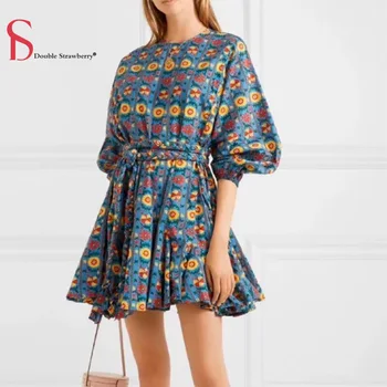 

Double Stawberry Autumn New Fashion Round Neck Lantern Sleeve Color Printing Hand-woven Belt Dress Women Streetwear Mni Dresses