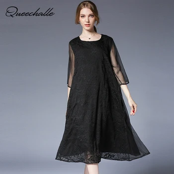 

Queechalle Elegant Embroidery Chiffon Dress Female Big Size Half Sleeve Casual Loose Dresses XXL 3XL 4XL Plus Size Women Dress