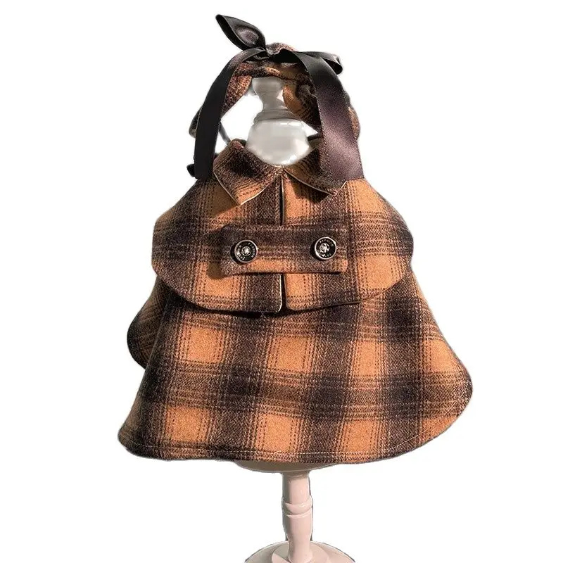 Handmade Dog Clothes Cloak Cape Pet Costume Scotch Tartan With Cap British Detective Style Gentleman Warm Soft Walks Holiday