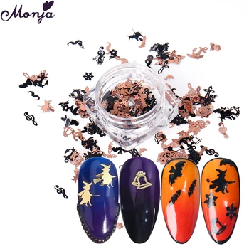 

Monja Gold Black Halloween Style Nail Art Metal Flake Pumpkin Face Witch Cross Bat Mix Shape Sequins DIY Manicure Decorations