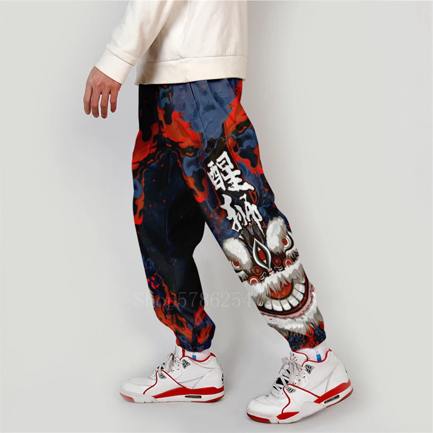 Asian Japanese Traditional Clothes Kimono Pants Men Male Fashion Chinese Lion Print Casual Wide Leg Overalls Patchwork Trousers |